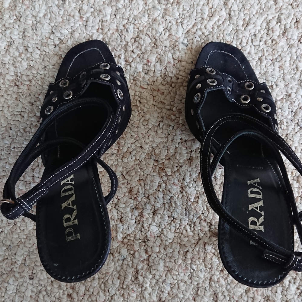 Prada black suede sandals with decorative metal grommets front details size 8 - Picture 3 of 13